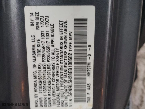 2014 Honda Odyssey LX with VIN 5FNRL5H28EB100602, listed as a Copart auction lot 84204784 with 155,272 mi miles and Salvage Title. Bid and sale history available at carsss.com. Image 13.