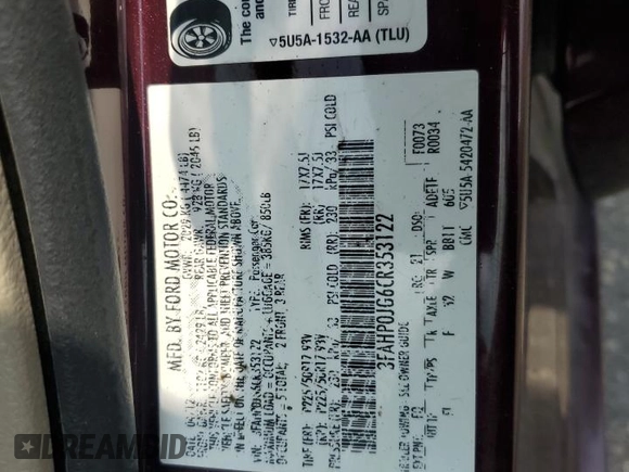 2012 Ford Fusion SEL with VIN 3FAHP0JG6CR353122, listed as a Copart auction lot 59359045 with 218,939 mi miles and Salvage title. Bid and sale history available at DreamBid. Image 12.