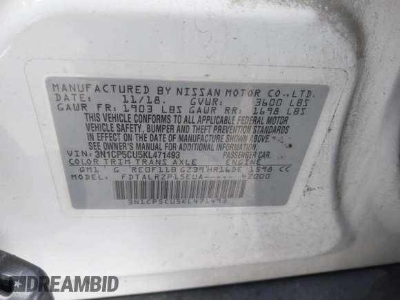 2019 Nissan Kicks SV with VIN 3N1CP5CU5KL471493, listed as a IAAI auction lot 40940794 with 111,733 mi miles. Bid and sale history available at carsss.com. Image 9.