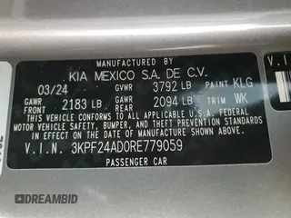 2024 Kia Forte LXS with VIN 3KPF24AD0RE779059, listed as a Copart auction lot 45660095 with 17,721 mi miles and Clean Title. Bid and sale history available at carsss.com. Image 12.