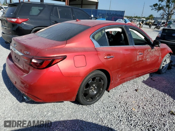 2018 Infiniti Q50 Red Sport 400 with VIN JN1FV7AP1JM460510, listed as a Copart auction lot 53756065 with Not provided miles and Salvage title. Bid and sale history available at DreamBid. Image 3.