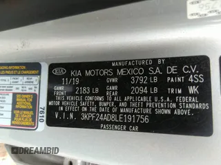 2020 Kia Forte LXS with VIN 3KPF24AD8LE191756, listed as a IAAI auction lot 37130314 with 52,813 mi miles. Bid and sale history available at carsss.com. Image 9.