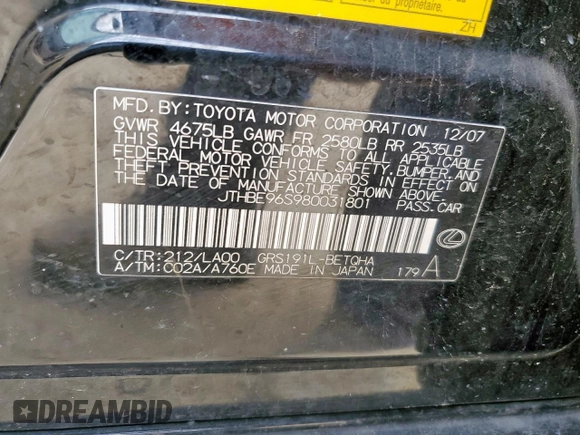 2008 Lexus GS 350 z VIN JTHBE96S980031801, wystawiony jako Copart lot #60750365 z przebiegiem 283 346 mil mil oraz Czysty tytuł • Clean title. Historia ofert i sprzedaży dostępna na DreamBid. Obrazek 12.