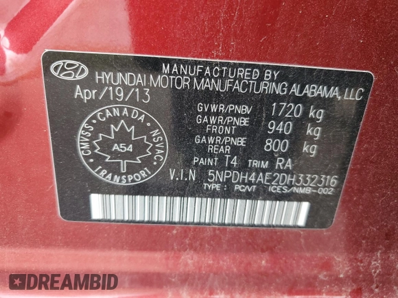 2013 Hyundai Elantra GLS with VIN 5NPDH4AE2DH332316, listed as a Copart auction lot 54686925 with 87,363 mi miles and Salvage title. Bid and sale history available at DreamBid. Image 12.