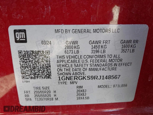 2024 Chevrolet Traverse FWD LT with VIN 1GNERGKS9RJ148567, listed as a IAAI auction lot 42233710 with 17,536 mi miles and . Bid and sale history available at DreamBid. Image 9.