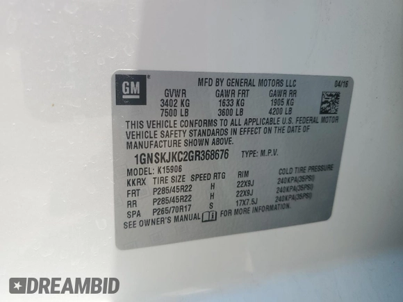 2016 Chevrolet Suburban LTZ with VIN 1GNSKJKC2GR368676, listed as a Copart auction lot 60224225 with 131,362 mi miles and Salvage title. Bid and sale history available at DreamBid. Image 13.