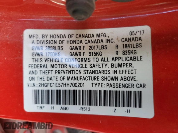 2017 Honda Civic Sedan Si with VIN 2HGFC1E57HH700201, listed as a Copart auction lot 46537475 with 143,181 mi miles and Salvage Title. Bid and sale history available at carsss.com. Image 12.