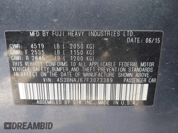 2015 Subaru Legacy Limited with VIN 4S3BNAJ67F3073389, listed as a IAAI auction lot 42268012 with 195,713 mi miles and . Bid and sale history available at DreamBid. Image 9.