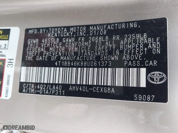 2008 Toyota Camry Hybrid with VIN 4T1BB46K88U061373, listed as a IAAI auction lot 41851624 with 166,234 mi miles. Bid and sale history available at carsss.com. Image 9.