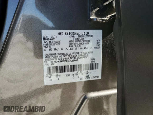 2014 Ford Edge Limited with VIN 2FMDK3KC5EBA22968, listed as a Copart auction lot 50161055 with 48,308 mi miles and Salvage Title. Bid and sale history available at carsss.com. Image 13.
