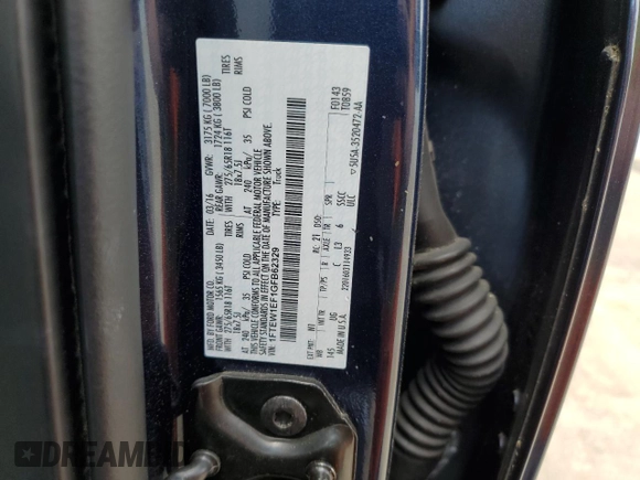 2016 Ford F-150 XLT with VIN 1FTEW1EF1GFB62329, listed as a Copart auction lot 58392935 with 76,169 mi miles and Salvage title. Bid and sale history available at DreamBid. Image 12.