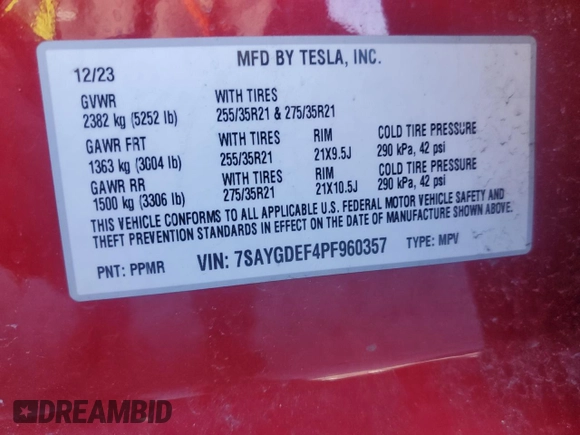 2023 Tesla Model Y Performance with VIN 7SAYGDEF4PF960357, listed as a Copart auction lot 51126105 with 37,252 mi miles and Salvage Title. Bid and sale history available at DreamBid. Image 14.