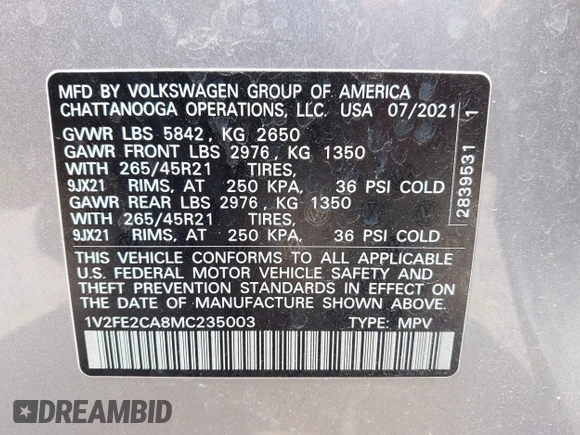 2021 Volkswagen Atlas SEL Premium R-Line with VIN 1V2FE2CA8MC235003, listed as a IAAI auction lot 42513449 with 44,466 mi miles and . Bid and sale history available at DreamBid. Image 9.
