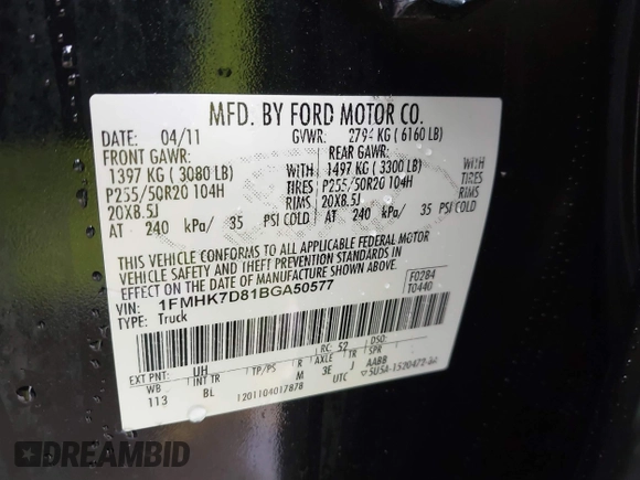 2011 Ford Explorer XLT with VIN 1FMHK7D81BGA50577, listed as a IAAI auction lot 41894045 with 139,674 mi miles and . Bid and sale history available at carsss.com. Image 9.