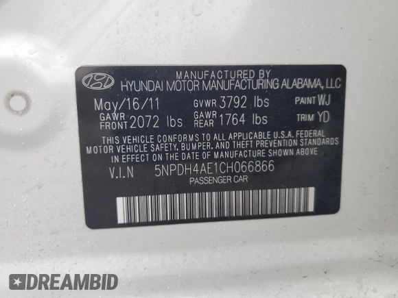 2012 Hyundai Elantra Limited z VIN 5NPDH4AE1CH066866, wystawiony jako Copart lot #51072305 z przebiegiem 133 086 mil mil oraz Szkoda całkowita • Salvage title. Historia ofert i sprzedaży dostępna na DreamBid. Obrazek 12.