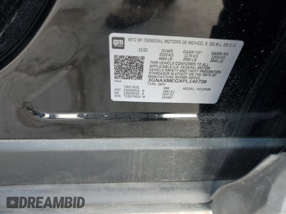 2023 Chevrolet Equinox RS with VIN 3GNAXMEGXPL140736, listed as a Copart auction lot 56400855 with 52,790 mi miles and Salvage title. Bid and sale history available at DreamBid. Image 14.