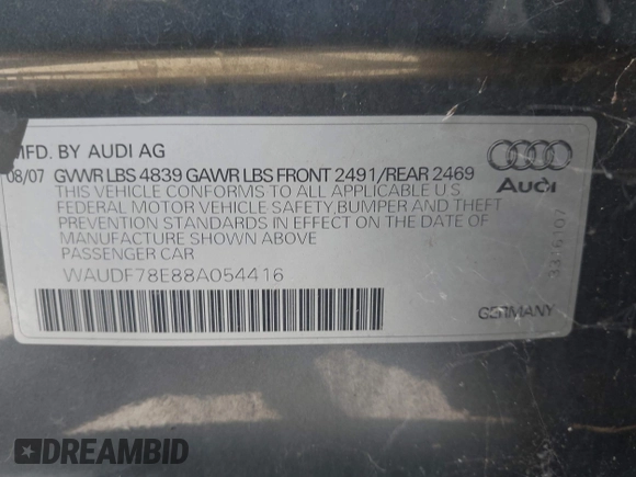 2008 Audi A4 2.0T с VIN WAUDF78E88A054416, выставлен на аукционе IAAI как лот 42496602 с пробегом 170 605 миль миль и . История ставок и продаж доступна на DreamBid. Изображение 9.