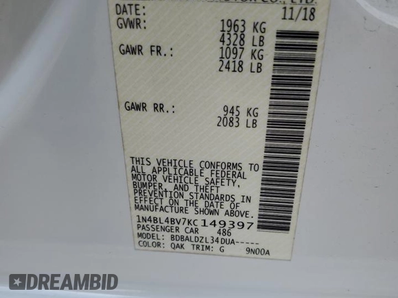 2019 Nissan Altima S with VIN 1N4BL4BV7KC149397, listed as a Copart auction lot 53629045 with 113,072 mi miles and Salvage Title. Bid and sale history available at DreamBid. Image 13.