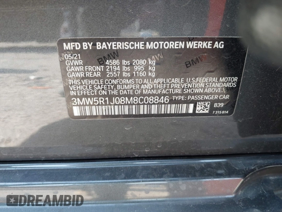 2021 BMW 3 Series 330i with VIN 3MW5R1J08M8C08846, listed as a IAAI auction lot 41731194 with 1 mi miles. Bid and sale history available at carsss.com. Image 9.