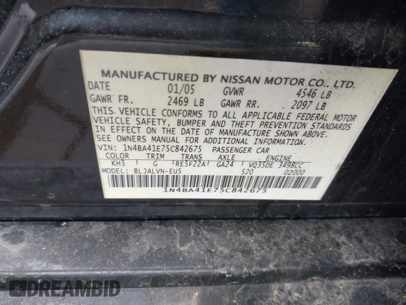 2005 Nissan Maxima SE z VIN 1N4BA41E75C842675, wystawiony jako IAAI lot #42314738 z przebiegiem 122 577 mil mil oraz . Historia ofert i sprzedaży dostępna na DreamBid. Obrazek 9.