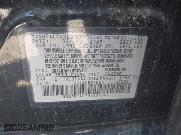 2017 Nissan Sentra S with VIN 3N1AB7AP7HY324263, listed as a IAAI auction lot 42197976 with 95,479 mi miles. Bid and sale history available at carsss.com. Image 9.