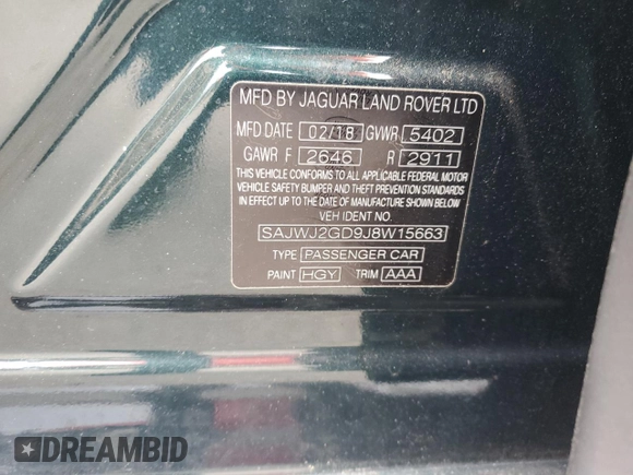 2018 Jaguar XJ Portfolio with VIN SAJWJ2GD9J8W15663, listed as a Copart auction lot 56734515 with 9,374 mi miles and Salvage Title. Bid and sale history available at DreamBid. Image 13.