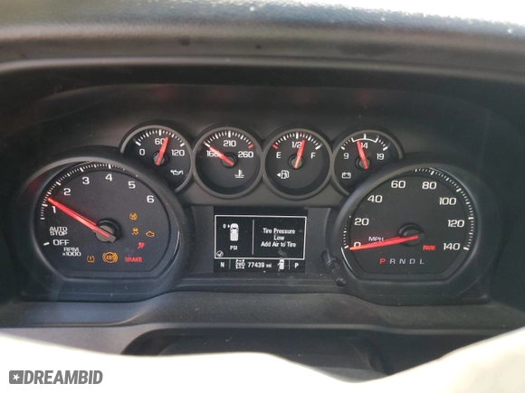 2020 Chevrolet Silverado 1500 Custom with VIN 3GCPYBEK9LG373731, listed as a Copart auction lot 76674344 with 77,439 mi miles and Salvage Title. Bid and sale history available at carsss.com. Image 9.