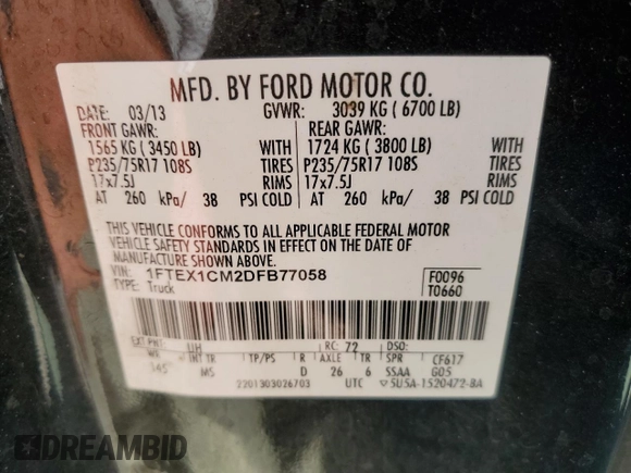 2013 Ford F-150 XL с VIN 1FTEX1CM2DFB77058, выставлен на аукционе Copart как лот 61099805 с пробегом Не указан миль и На запчасти • Non repairable. История ставок и продаж доступна на DreamBid. Изображение 12.