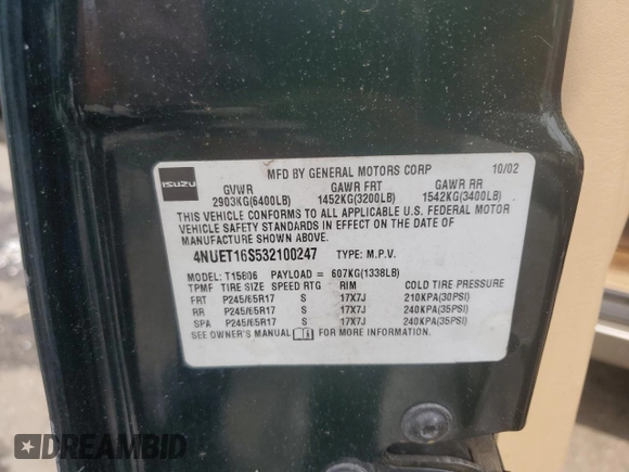 2003 Isuzu Ascender с VIN 4NUET16S532100247, выставлен на аукционе Copart как лот 60415055 с пробегом 188 433 миль миль и Списание • Salvage title. История ставок и продаж доступна на DreamBid. Изображение 13.