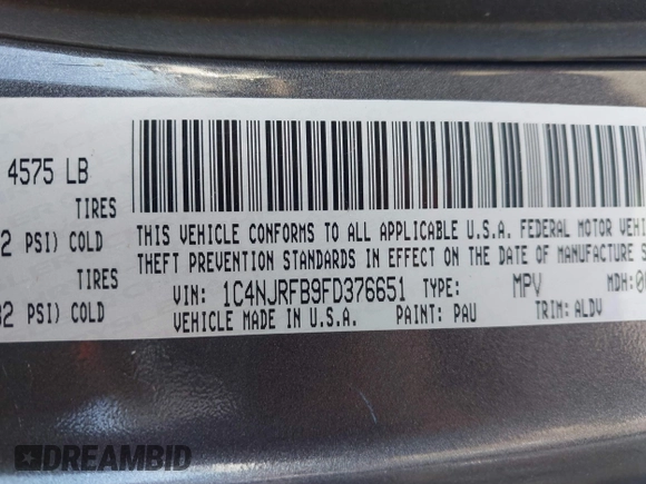 2015 Jeep Patriot High Altitude with VIN 1C4NJRFB9FD376651, listed as a IAAI auction lot 41416297 with 121,690 mi miles and . Bid and sale history available at carsss.com. Image 9.