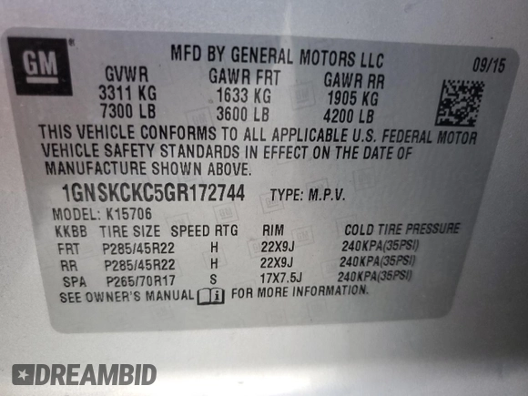 2016 Chevrolet Tahoe LTZ z VIN 1GNSKCKC5GR172744, wystawiony jako Copart lot #53716945 z przebiegiem 199 258 mil mil oraz Szkoda całkowita • Salvage title. Historia ofert i sprzedaży dostępna na DreamBid. Obrazek 13.