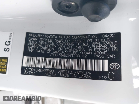 2022 Toyota Corolla LE with VIN JTDEPMAE2N3020162, listed as a IAAI auction lot 41146438 with 71,265 mi miles and . Bid and sale history available at DreamBid. Image 9.