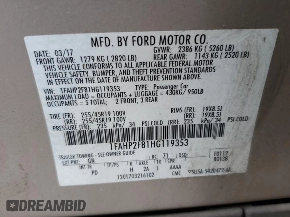 2017 Ford Taurus Limited with VIN 1FAHP2F81HG119353, listed as a Copart auction lot 62377355 with 255,256 mi miles and Clean title. Bid and sale history available at DreamBid. Image 12.