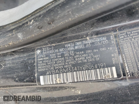 2000 BMW 3 Series 323Ci with VIN WBABM3341YJN64191, listed as a Copart auction lot 84349944 with Not Provided miles and Salvage Title. Bid and sale history available at DreamBid. Image 12.