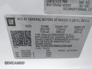 2021 GMC Sierra 1500 Elevation with VIN 3GTU9CED5MG236469, listed as a IAAI auction lot 41691714 with 36,594 mi miles and . Bid and sale history available at DreamBid. Image 9.