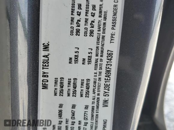 2019 Tesla Model 3 Mid Range with VIN 5YJ3E1EA9KF314367, listed as a Copart auction lot 54753605 with 97,913 mi miles and Salvage Title. Bid and sale history available at DreamBid. Image 12.