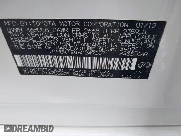 2012 Lexus ES 330 z VIN JTHBK1EG6C2490871, wystawiony jako IAAI lot #42508216 z przebiegiem 131 468 mil mil oraz . Historia ofert i sprzedaży dostępna na DreamBid. Obrazek 9.