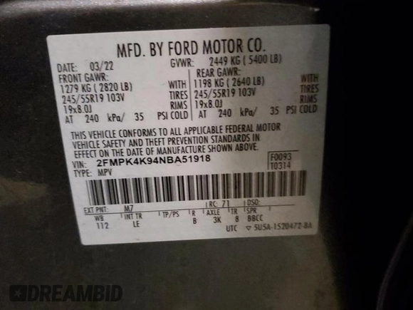 2022 Ford Edge Titanium with VIN 2FMPK4K94NBA51918, listed as a Copart auction lot 89366575 with 68,721 mi miles and Non repairable. Bid and sale history available at DreamBid. Image 13.
