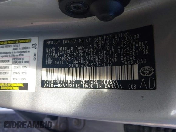 2009 Toyota Corolla with VIN 2T1BU40E19C177059, listed as a IAAI auction lot 41831891 with 999,999 mi miles. Bid and sale history available at carsss.com. Image 9.