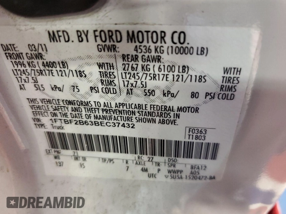 2011 Ford F-250 XL with VIN 1FTBF2B63BEC37432, listed as a IAAI auction lot 42679103 with 136,886 mi miles and . Bid and sale history available at DreamBid. Image 15.