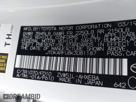 2019 Toyota Prius L Eco z VIN JTDKARFU8K3081187, wystawiony jako IAAI lot #41771346 z przebiegiem 64 864 mil mil oraz . Historia ofert i sprzedaży dostępna na DreamBid. Obrazek 9.