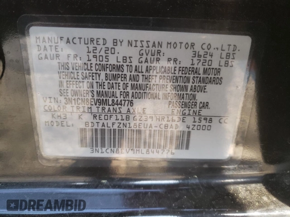 2021 Nissan Versa SV with VIN 3N1CN8EV9ML844776, listed as a Copart auction lot 50753985 with 119,635 mi miles and Salvage title. Bid and sale history available at DreamBid. Image 15.