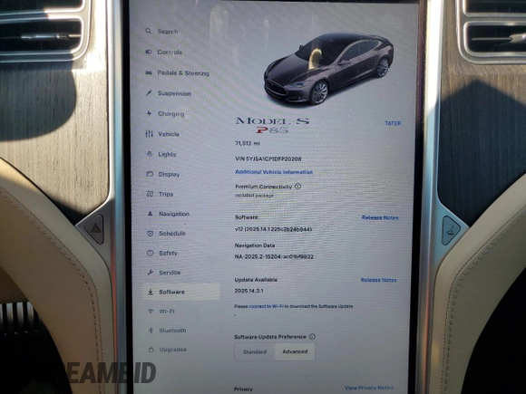 2013 Tesla Model S Performance z VIN 5YJSA1CP1DFP20208, wystawiony jako Copart lot #56066035 z przebiegiem 71 513 mil mil oraz Szkoda całkowita • Salvage title. Historia ofert i sprzedaży dostępna na DreamBid. Obrazek 9.