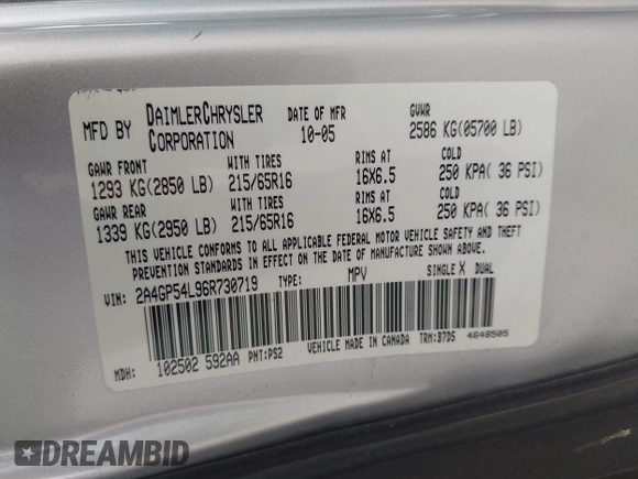 2006 Chrysler Town & Country Touring z VIN 2A4GP54L96R730719, wystawiony jako IAAI lot #42363419 z przebiegiem 186 173 mil mil oraz . Historia ofert i sprzedaży dostępna na DreamBid. Obrazek 9.