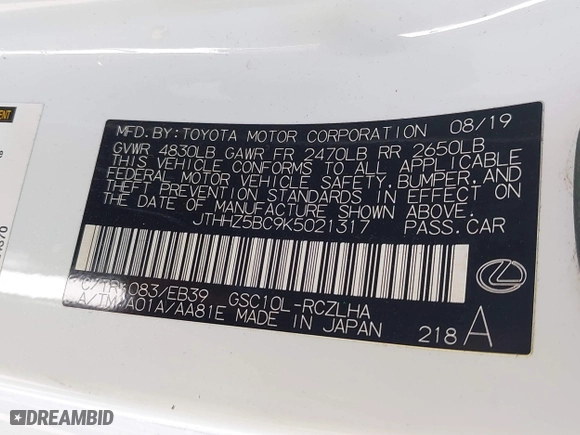 2019 Lexus RC with VIN JTHHZ5BC9K5021317, listed as a IAAI auction lot 41626865 with 81,230 mi miles. Bid and sale history available at carsss.com. Image 9.