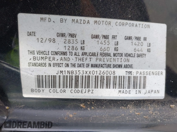 1999 Mazda MX-5 Miata with VIN JM1NB353XX0126008, listed as a IAAI auction lot 42435673 with 194,313 mi miles and . Bid and sale history available at DreamBid. Image 9.