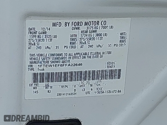 2015 Ford F-150 XLT with VIN 1FTEW1EF6FFA22646, listed as a IAAI auction lot 41933484 with Not provided miles and . Bid and sale history available at DreamBid. Image 9.