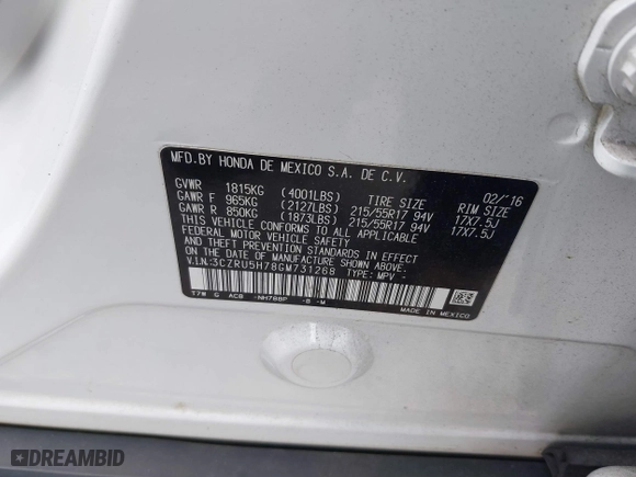 2016 Honda HR-V EX-L w/Navi with VIN 3CZRU5H78GM731268, listed as a IAAI auction lot 41354018 with 58,399 mi miles. Bid and sale history available at carsss.com. Image 9.