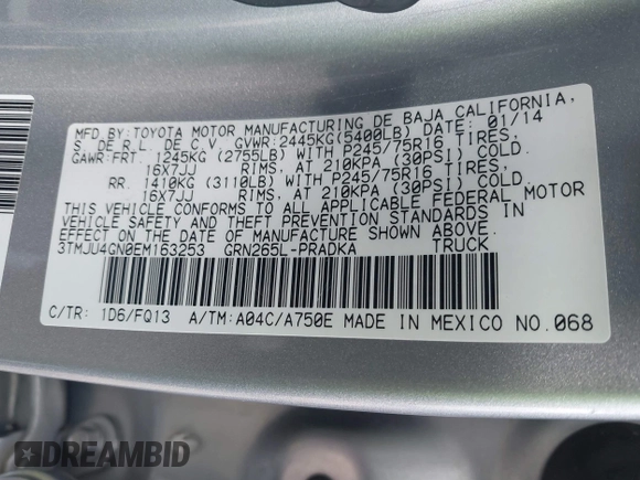 2014 Toyota Tacoma PreRunner with VIN 3TMJU4GN0EM163253, listed as a IAAI auction lot 41559780 with 155,883 mi miles. Bid and sale history available at carsss.com. Image 9.
