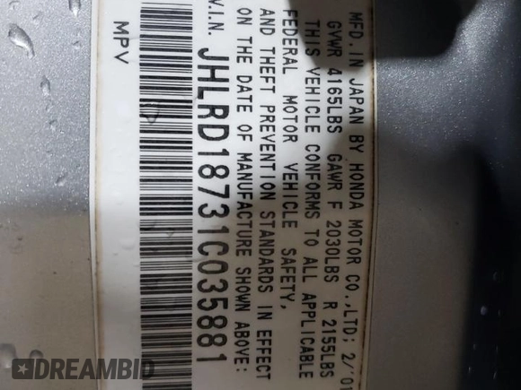 2001 Honda CR-V SE with VIN JHLRD18731C035881, listed as a Copart auction lot 52574575 with 192,107 mi miles and Salvage Title. Bid and sale history available at carsss.com. Image 13.